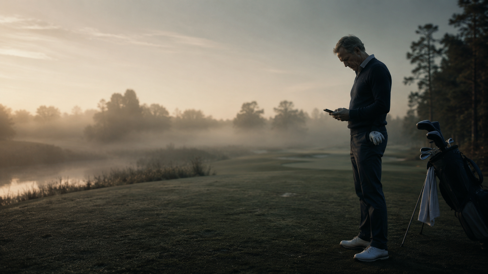 Geschäftsführer am Golfplatz — schaut auf Handy statt auf den Fairway